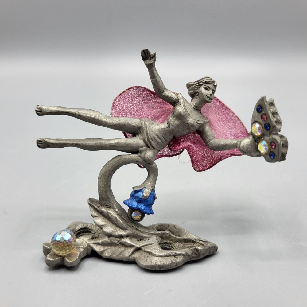 Vintage Sunglo Pewter Fairy Figurine Pink Wings Crystal Accents Home Shelf Decor